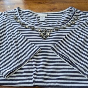 Chicos Striped Embellished Top Short Sleeves Size 2